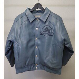 90s Avirex Blue Leather Varsity Jacket Women M Tactical Systems Bomber VTG